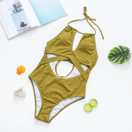 European and American new solid color one-piece cross-strap bikini sexy halter neck swimsuit women's swimsuit