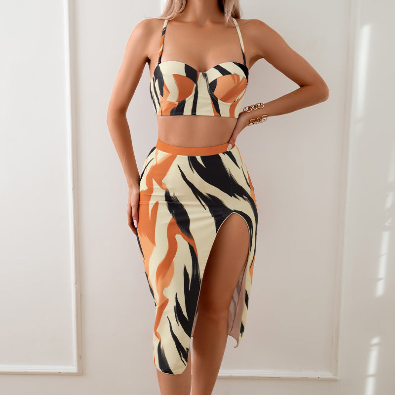 European and American bikini three-piece print long skirt split swimsuit