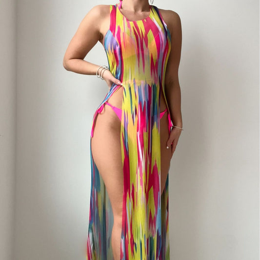 European and American new rainbow print halter neck bikini + cover-up three-piece sexy swimsuit 2430