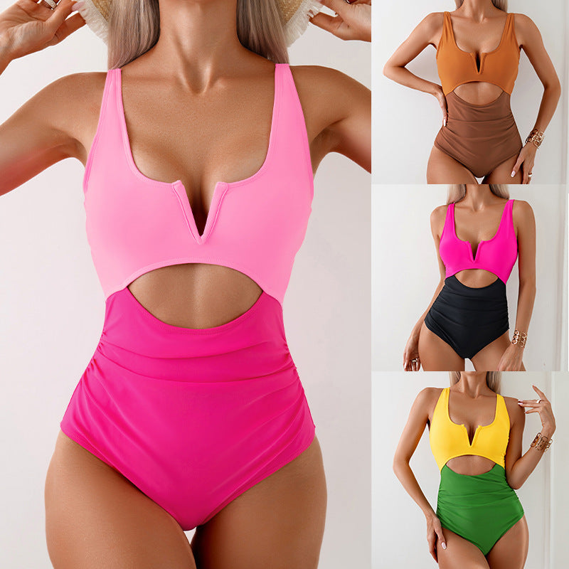 European and American new one-piece swimsuit women's quick-drying meat-covering hot spring slimming contrast color swimsuit women