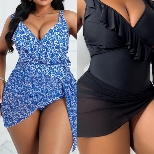 Women's Large Size Ruffle One-Piece Swimsuit + Mesh Skirt