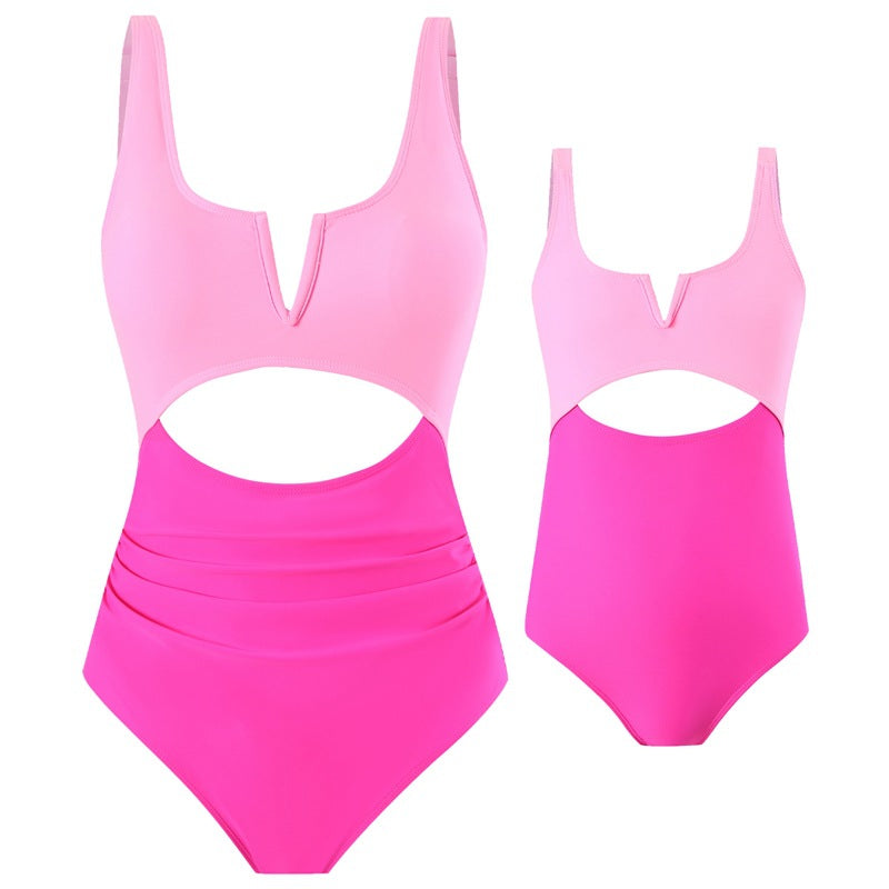 New European and American one-piece swimsuit for women, nylon and contrasting colors, parent-child swimsuit for adults and children