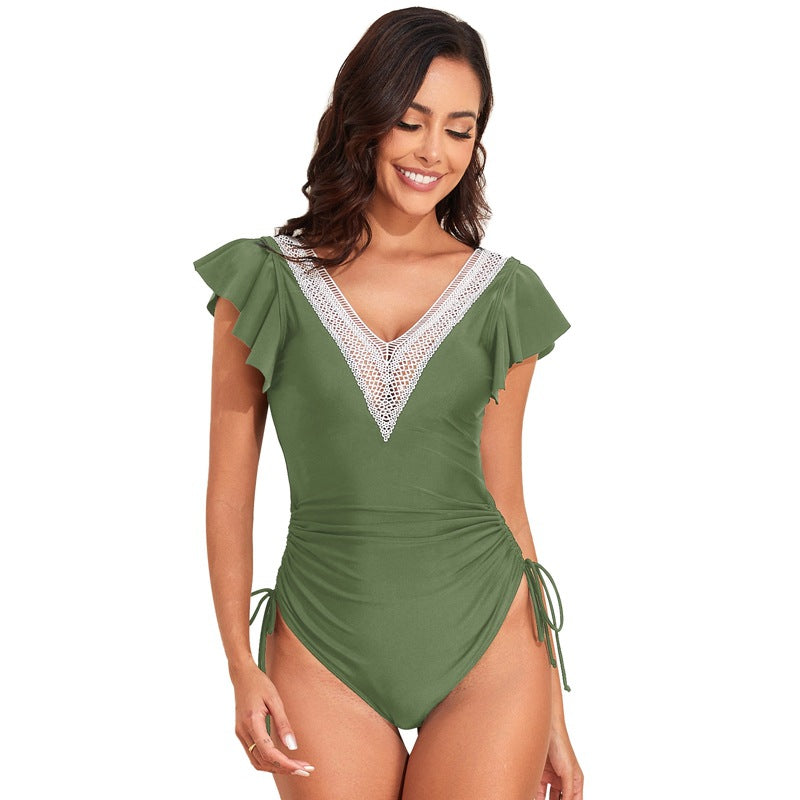 New Swimsuit Women's Nylon Plain Flying Sleeve One-Piece Swimsuit