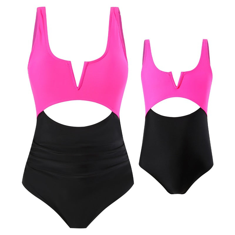 New European and American one-piece swimsuit for women, nylon and contrasting colors, parent-child swimsuit for adults and children