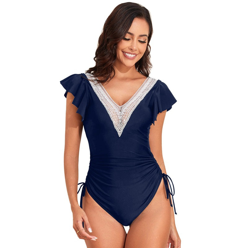 New Swimsuit Women's Nylon Plain Flying Sleeve One-Piece Swimsuit