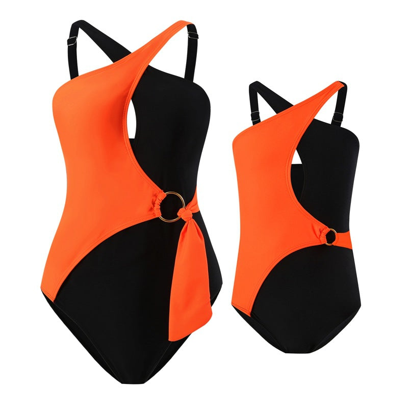 European and American one-piece swimsuit for women, slim and sexy color matching swimsuit, beach parent-child wear