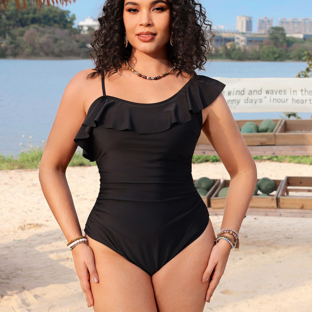 new sexy one-shoulder lace pleated swimsuit P2409