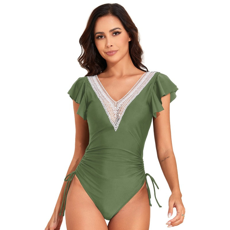 New Swimsuit Women's Nylon Plain Flying Sleeve One-Piece Swimsuit