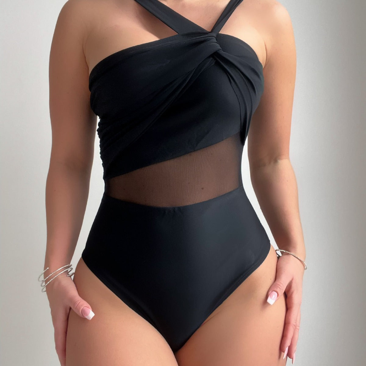 European and American new solid color irregular shoulder strap mesh stitching fashion one-piece swimsuit 2550