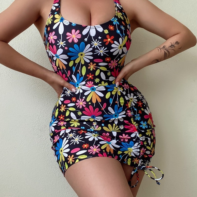 Flower print lace-up one-piece sexy bikini swimsuit 063