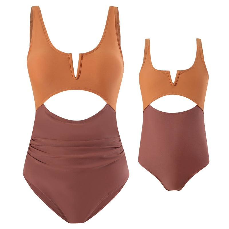 New European and American one-piece swimsuit for women, nylon and contrasting colors, parent-child swimsuit for adults and children