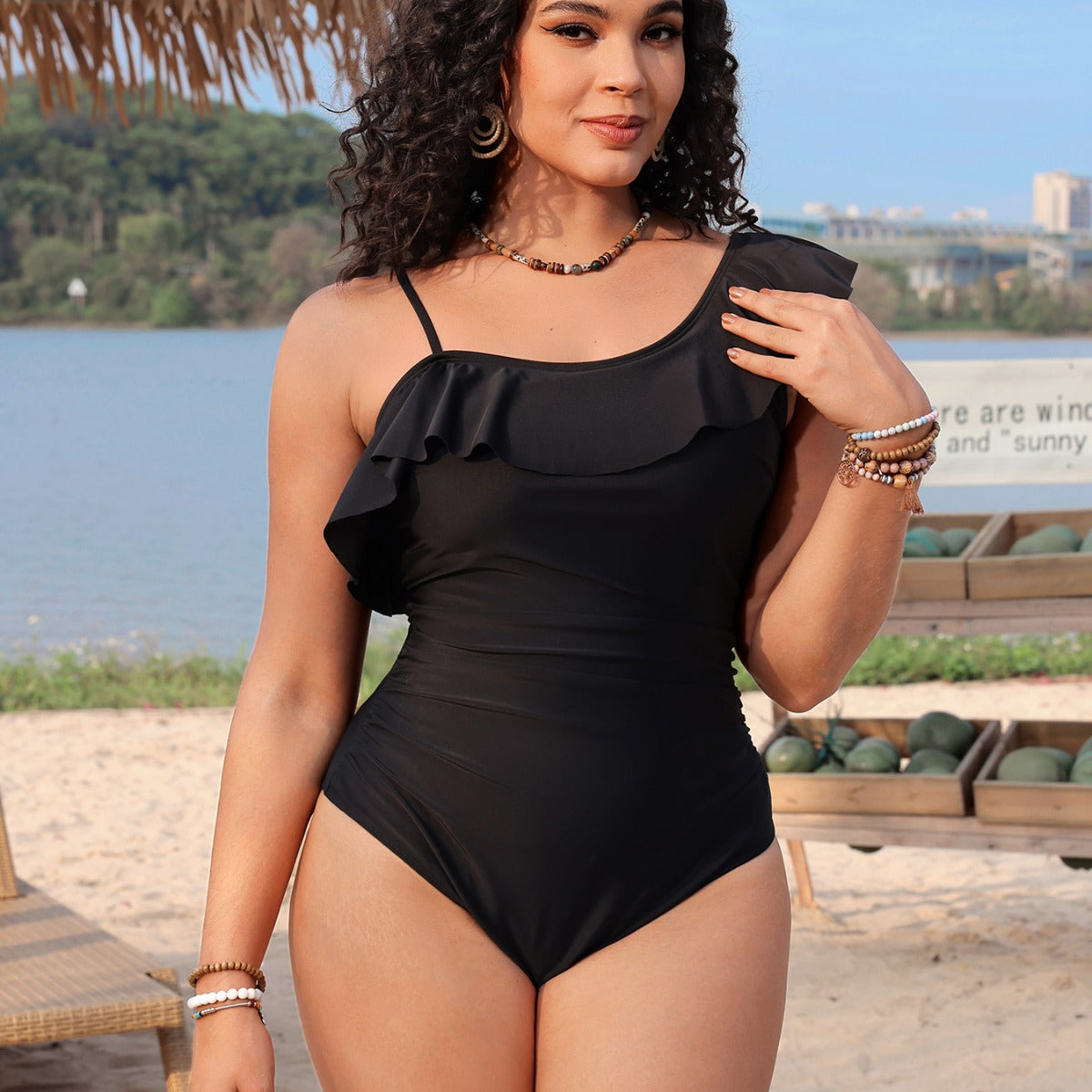 new sexy one-shoulder lace pleated swimsuit P2409