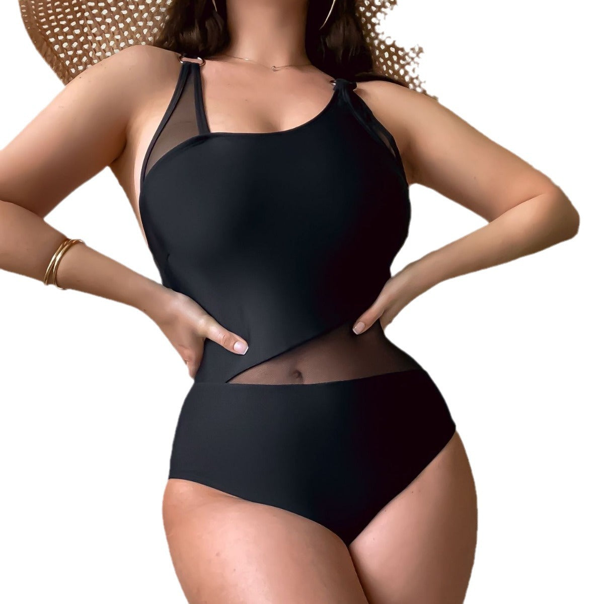 European and American new sexy one-piece solid color mesh splicing one-piece swimsuit 2448