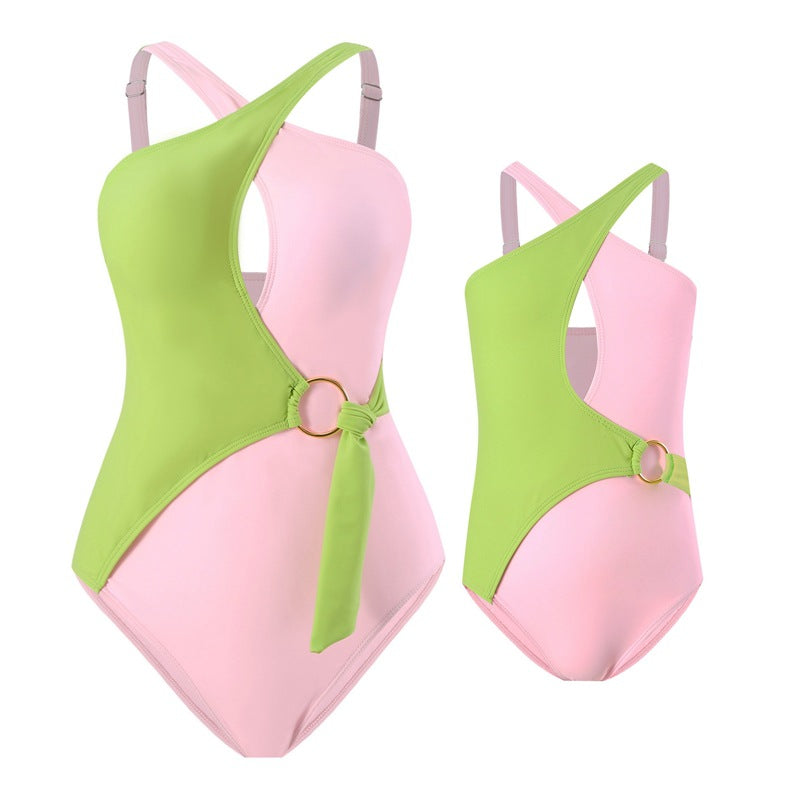 European and American one-piece swimsuit for women, slim and sexy color matching swimsuit, beach parent-child wear