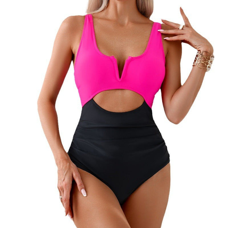 European and American new one-piece swimsuit women's quick-drying meat-covering hot spring slimming contrast color swimsuit women