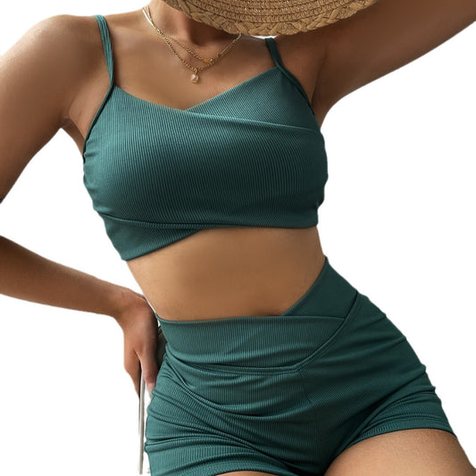 European and American new threaded fabric solid color split high waist bikini boxer shorts swimsuit female 106