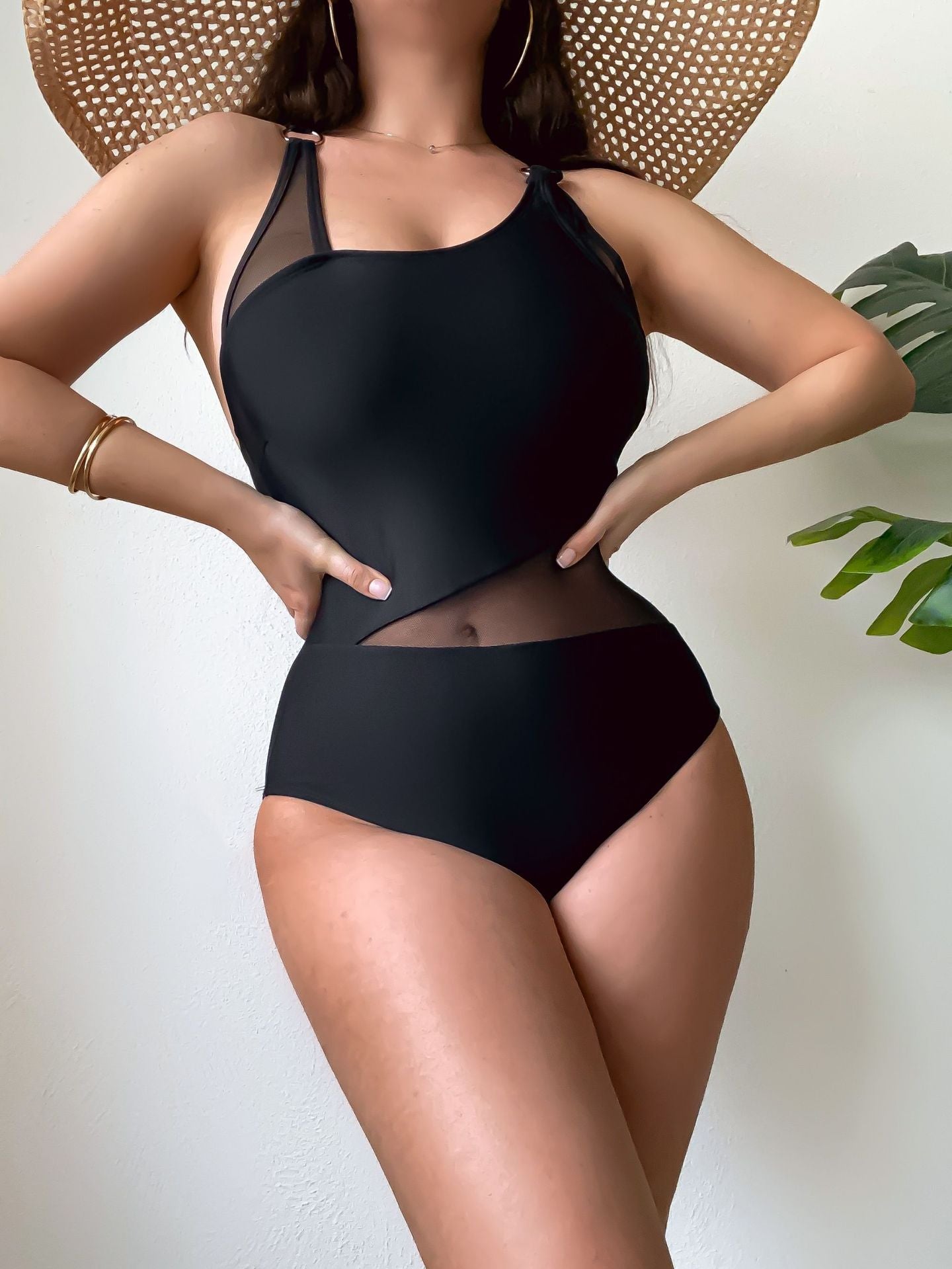 European and American new sexy one-piece solid color mesh splicing one-piece swimsuit 2448