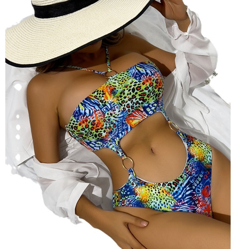 European and American colorful leopard print hollow fashion sexy one-piece swimsuit 014