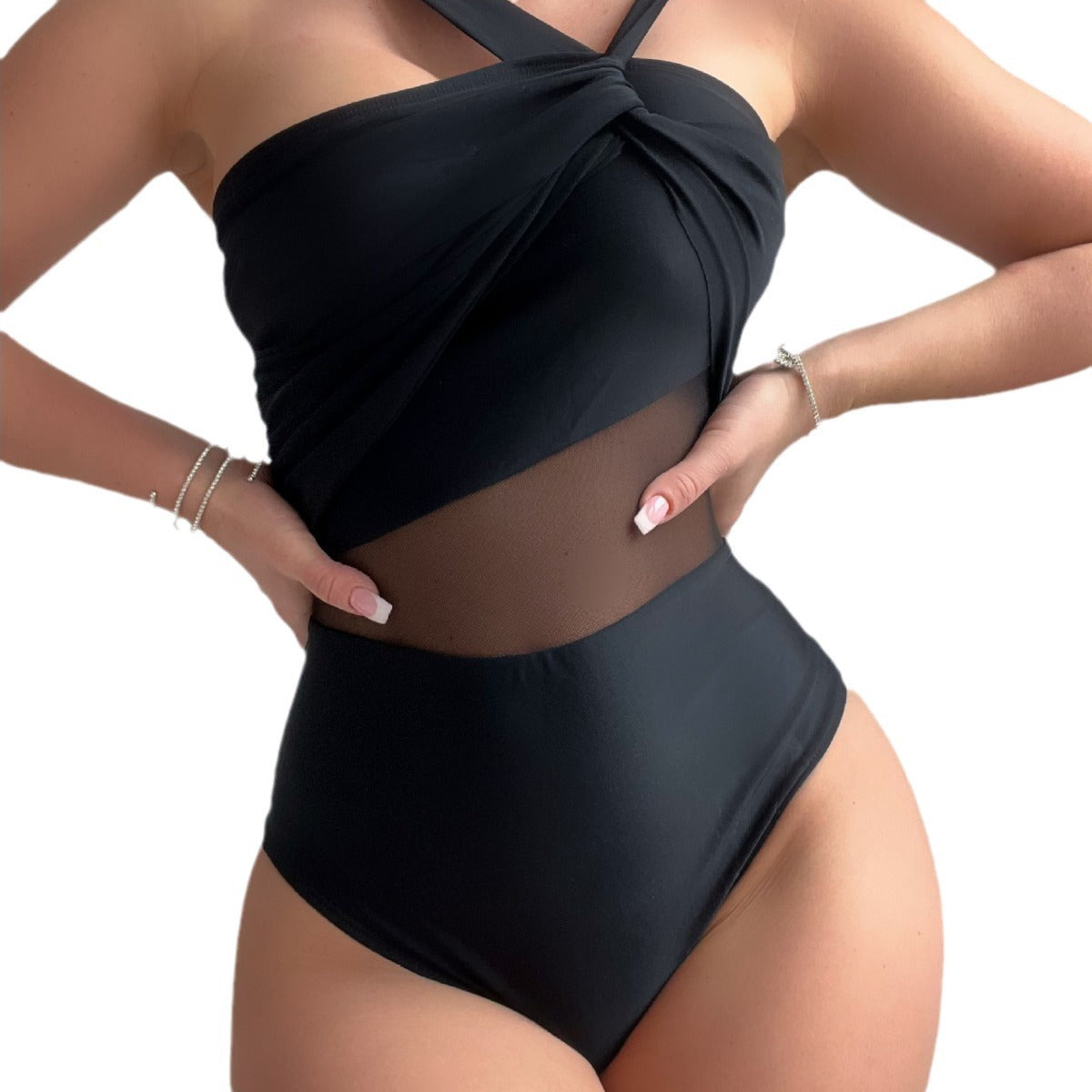 European and American new solid color irregular shoulder strap mesh stitching fashion one-piece swimsuit 2550