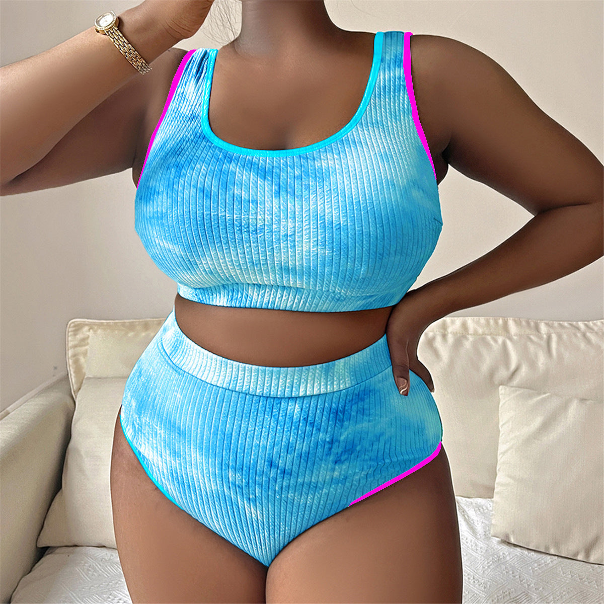 European and American new fat MM contrast color binding tie-dye fabric tankini sexy swimsuit P017