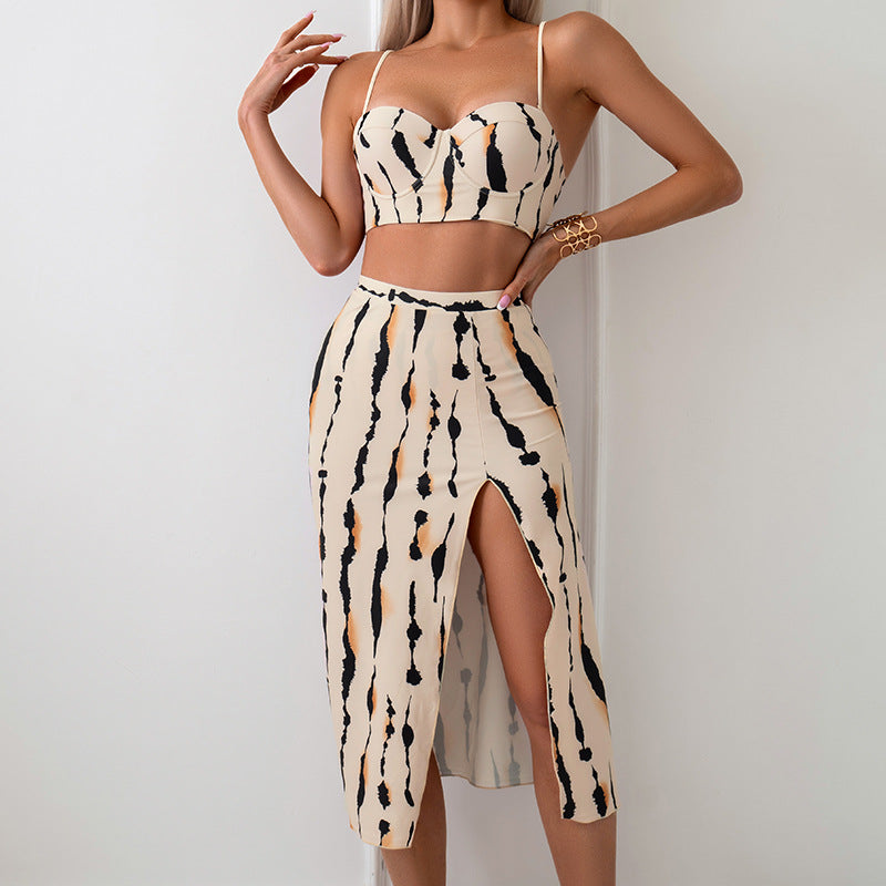 European and American bikini three-piece print long skirt split swimsuit